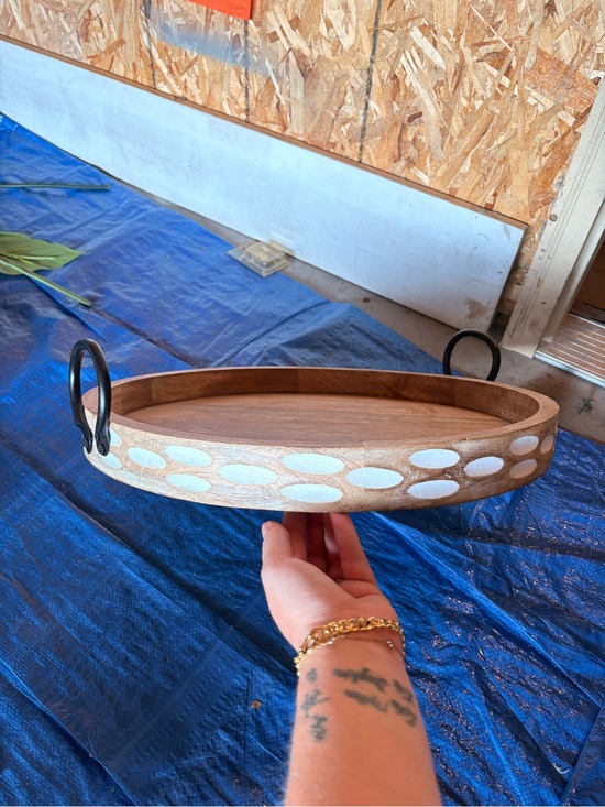 Other - Wooden Decorative Serving Tray with Black Metal Handles - White Accent